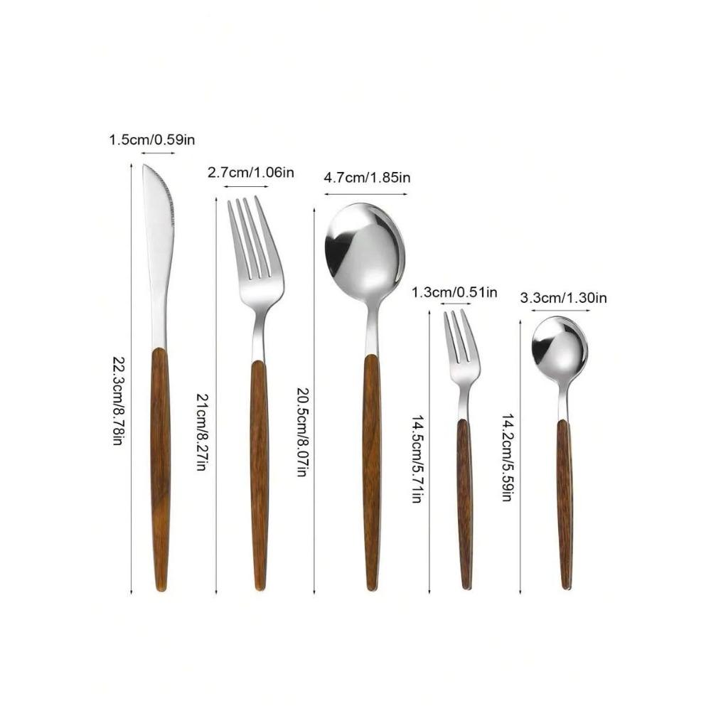 5/20/30pcs Stainless Steel Cutlery Set, Portuguese Imitation Wood Grain Plastic Handle Cutlery, Suitable for Kitchen, Hotel