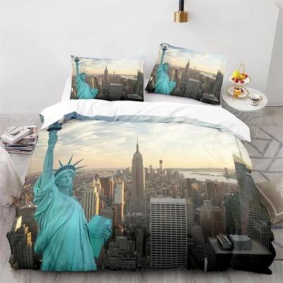 Copripiumino King Size in Microfibra Statua della Libertà Edificio Famoso in Tutto il Mondo Set Biancheria da Letto Landmark di New York Paesaggio Urbano Copripiumino