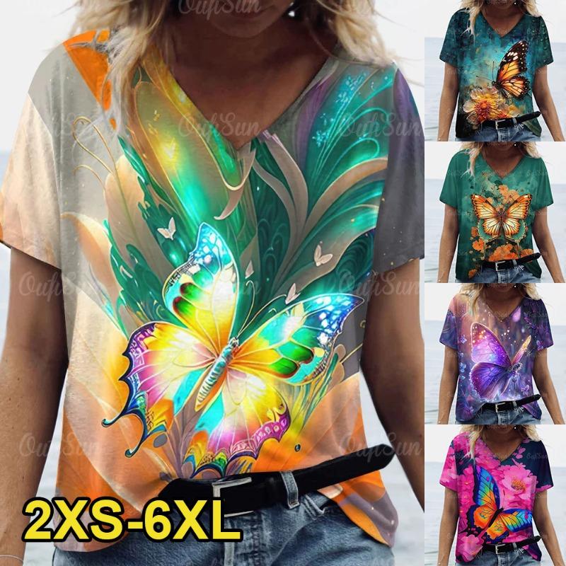

Women s V-Neck Print Beautiful Butterfly Pattern Oversized Women s Blouse Y2K Fashion Women s Breathable T-Shirt S
