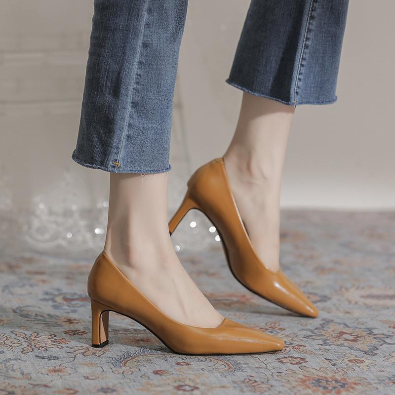 Spring Ins Elegant Women 5cm Block High Heels Pumps Designer Office Lady Square Toe Brown Beige Heels Wedding Dress Shoes