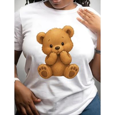 Europäische Größe Damen Lässiges Kurzarm-Rundhals-T-Shirt - Niedlicher Bärenaufdruck, Regulärer Schnitt, Maschinenwaschbar, Ganzjahres-Oberteil, Bärenmuster-Design
