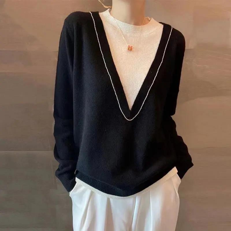 Temperature Round Neck Splicing Contrasting Color Fake Two-piece Autumn Winter New Long-sleeved Casual Versatile Knitted Sweater