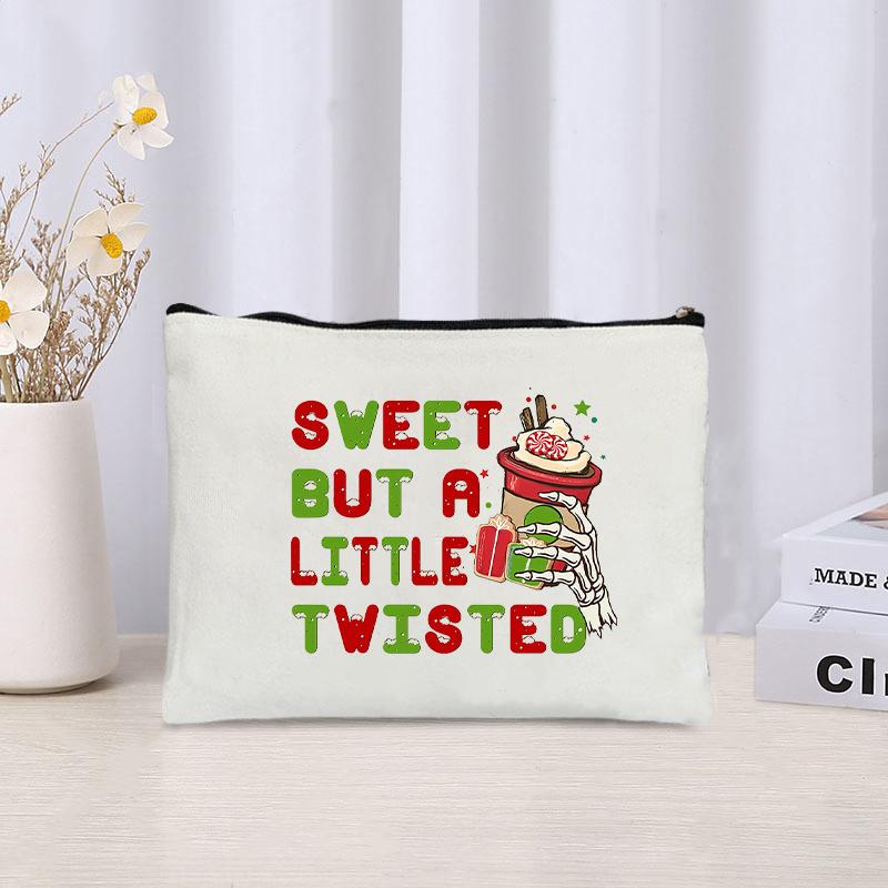 

Christmas Hat Cactus Print Cosmetic Bag Organizer Zipper Canvas Storage Pouch Travel Lipstick Make Up Bags Pencil Case Xmas Gift