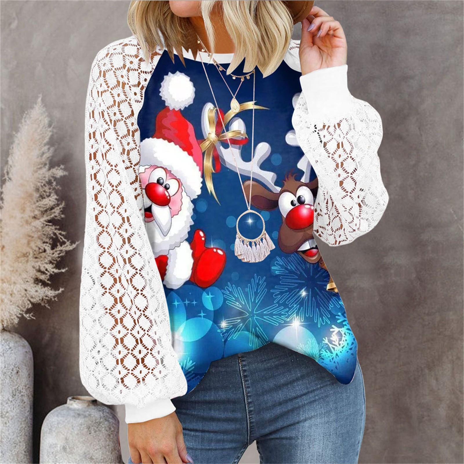 

Женские Рождественские Топы с Длинным Рукавом Кружевные Повседневные Свободные Блузки Футболки Туники L
