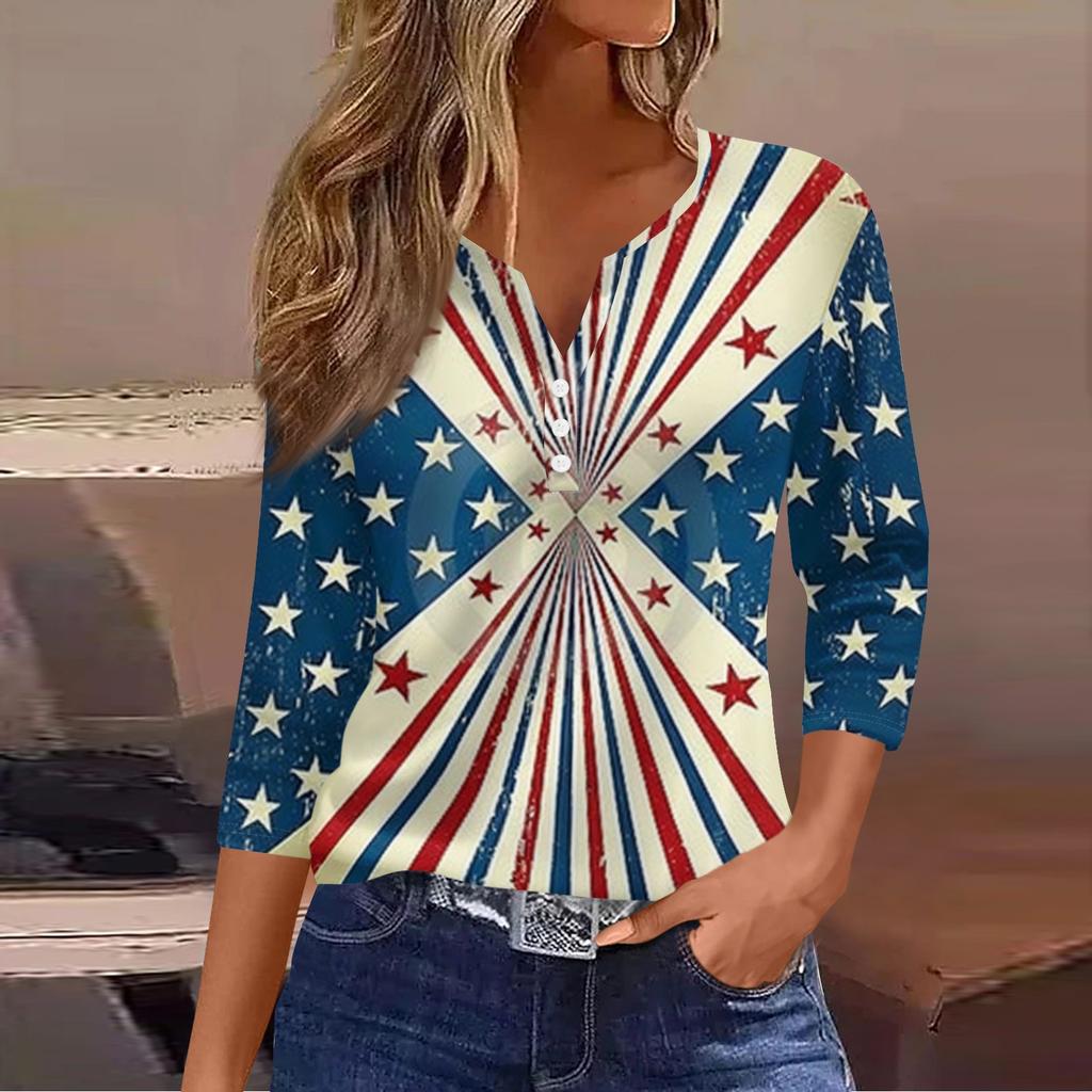 Women's Fashion Casual Independence Day American Flag Stars and Stripes Print Collar V-Neck Three-Quarter Sleeve Decorative Button-Up T-Shirt Top