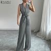 Women Casual V-Neck Sleeveless Stripe Long Jumpsuits