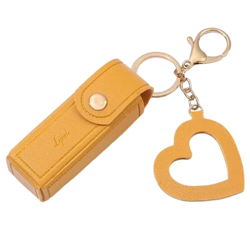 PU Leather Lipstick Bag Keychain Heart Pendant Mini Portable Key Chain Keyring