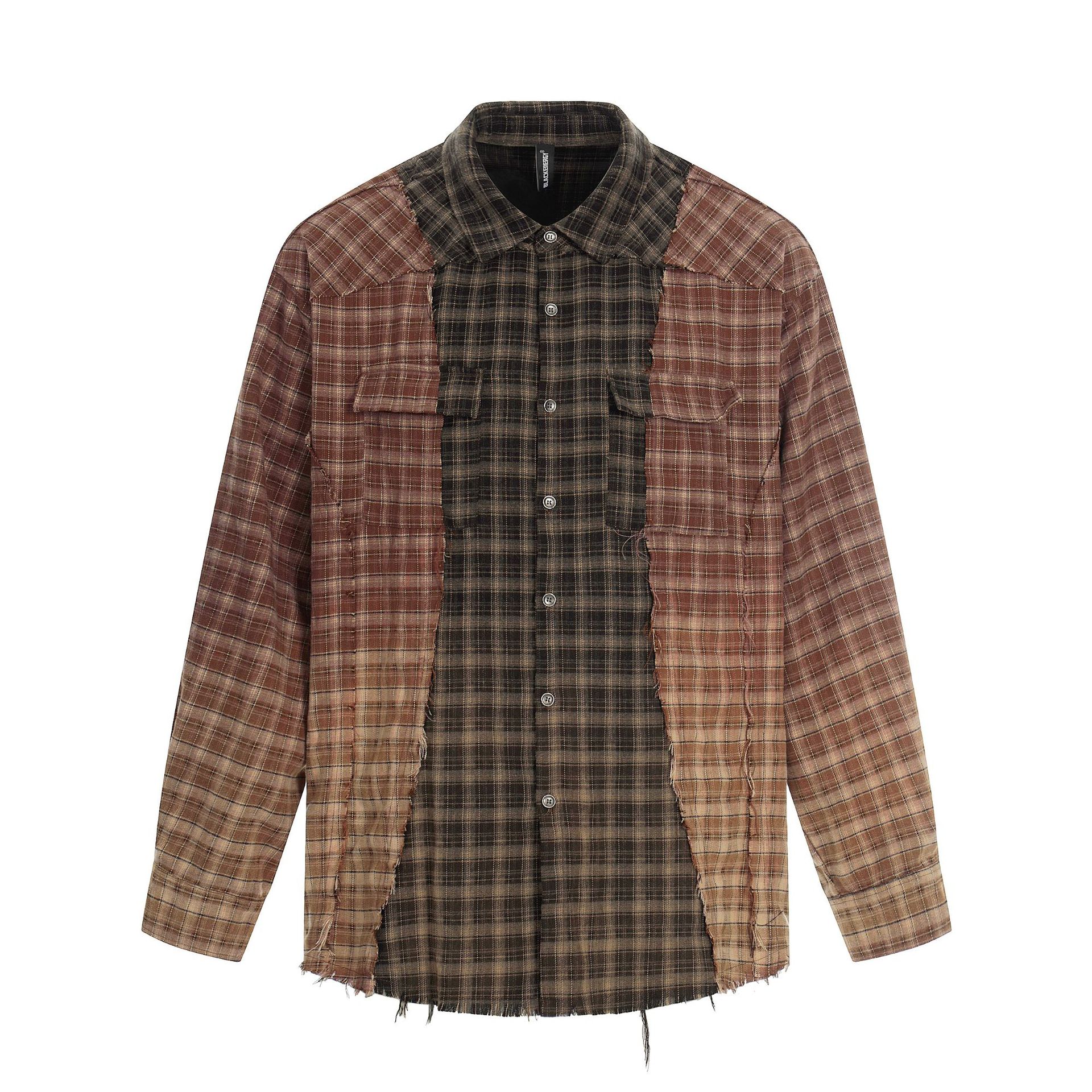 Spring and summer shirt ruffian handsome Japanese medieval trendy brand washed old plaid shirt long sleeves S темно-коричневого