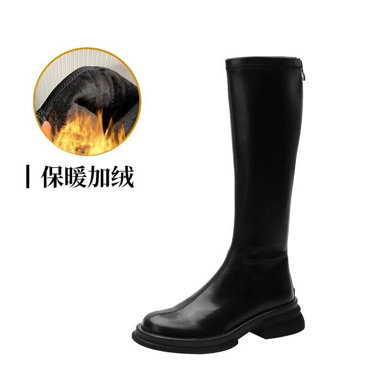 Cowhide version~ Leather thick-soled high knight boots, small but knee boots, fat mm long boots, elastic and thin boots
