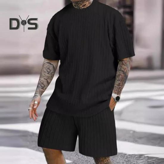 2Pcs/Set Men Sports Suit O-Neck Short Sleeve T-shirt Elastic Waist Wide Leg Shorts with Pockets Set Jacquard Texture Running Wear