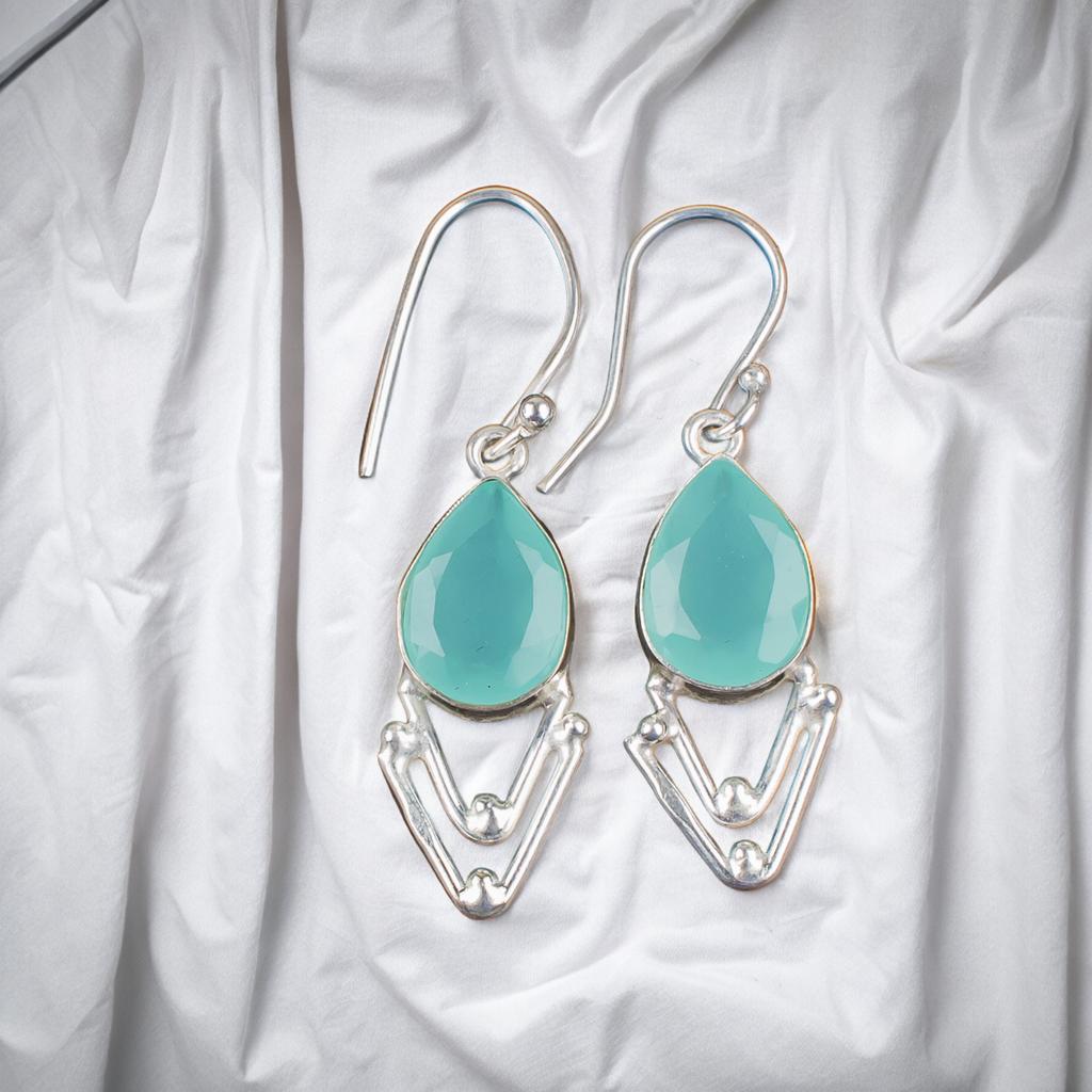 Aqua Chalcedony Gemstone 925 Sterling Silver Jewelry Handcrafted Earrings 1.90" EE-39-17