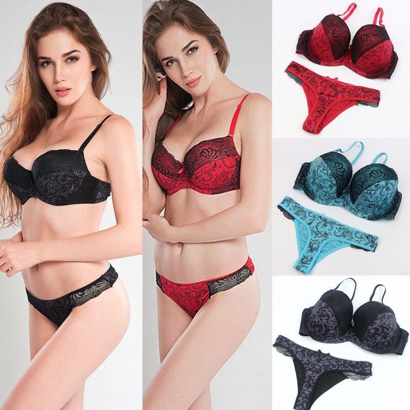 Flower Lace Womens Padded Bra Plunge Set Ladies Underwear Panties Sets Up Push