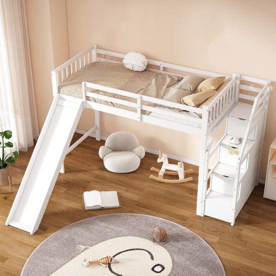 Loft Bed 90x200cm Bunk Bed Stable Base with Slide Storage Ladder Fence No Burrs Anti-scratch Kids Tree House Bedroom Furniture