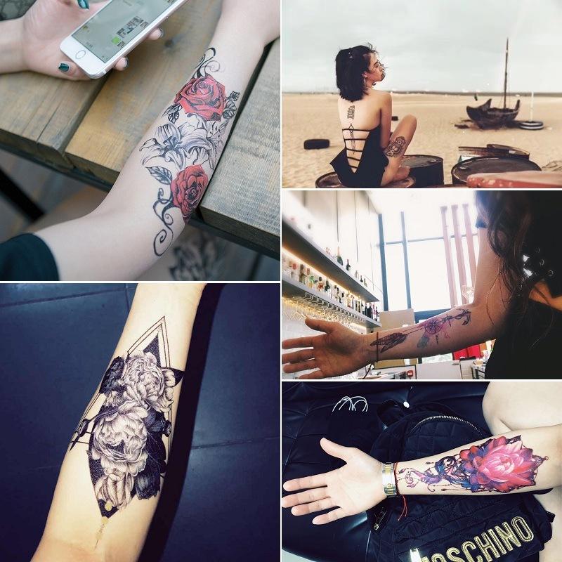 Red Rose Flower Arm Half Arm Tattoo Sticker Owl Hourglass Geometry Water Transfer Set Sticker