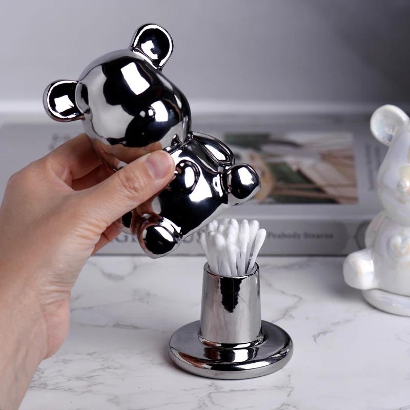 1 Piece of Ceramic Toothpick Holder, Cute Shaped Cotton Toothpick Holder with a Caring Teddy Bear, Fashionable Home Decoration,