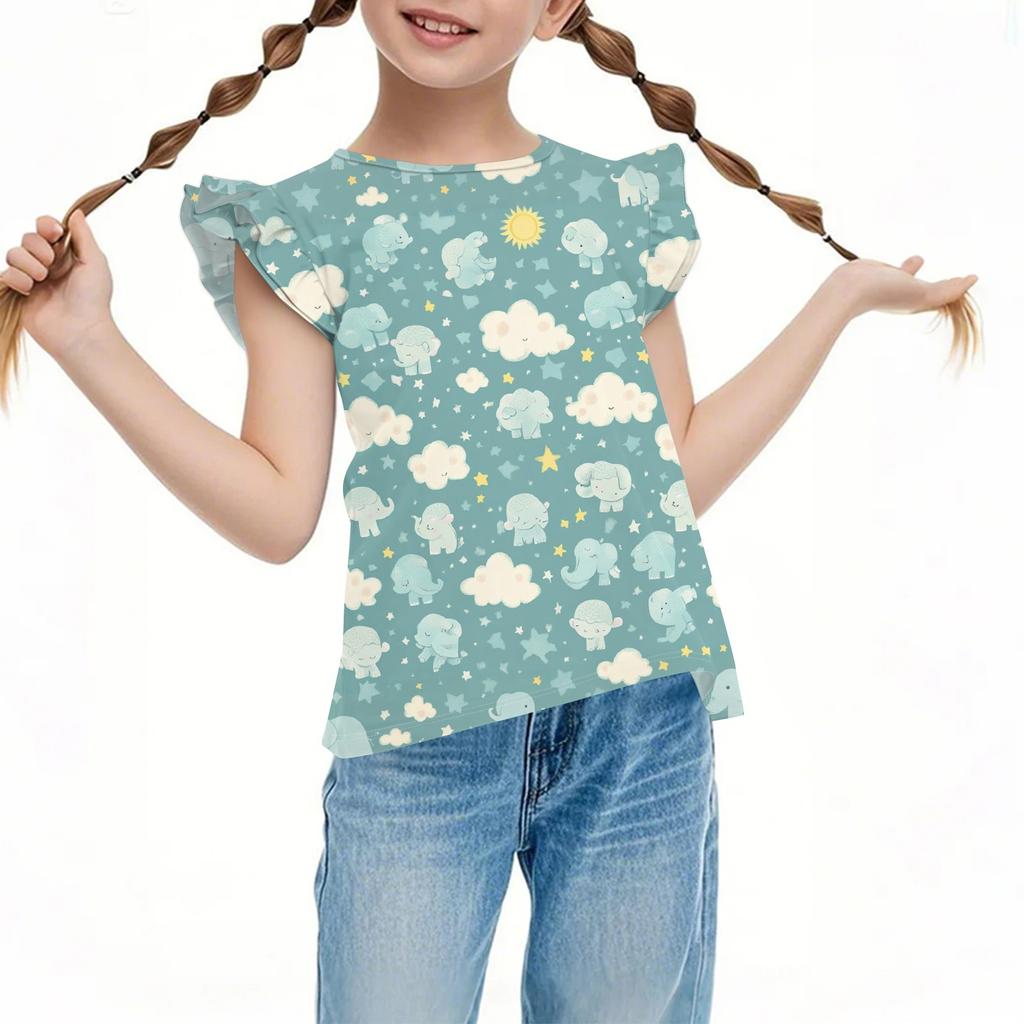 Children's Casual Short-Sleeved Pleated Cute Printed Round-Neck Solid-Color Top