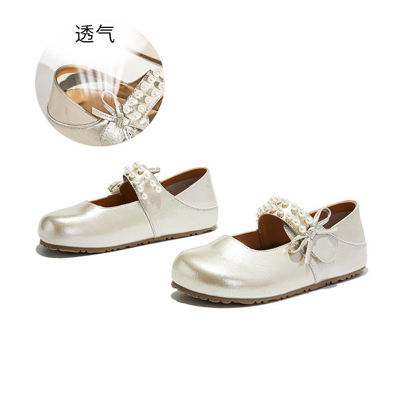 Leather bow Mary Jane women's shoes autumn new light mouth pearl Velcro single shoes versatile small leather shoes