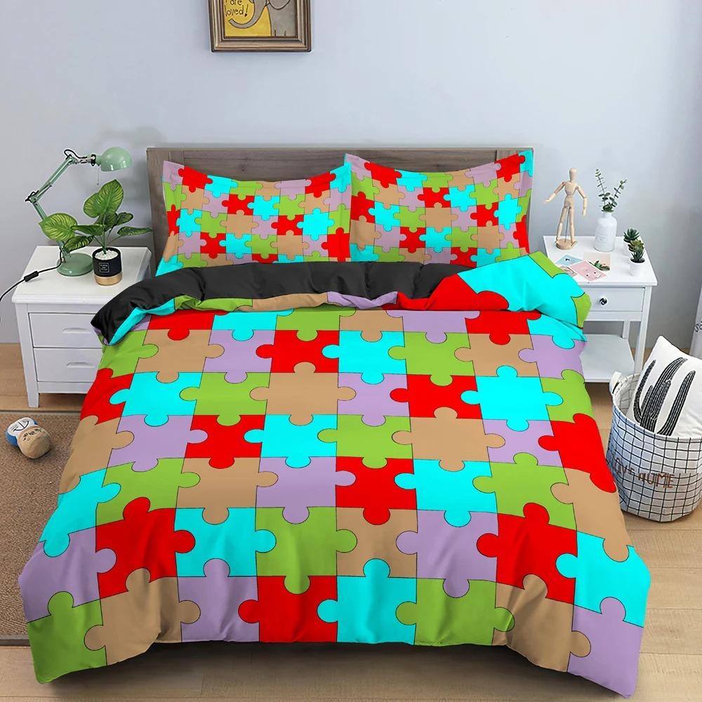 3D Print Colorful Puzzle Duvet Cover King Queen Geometric Figure Quilt Cover Simple Polyester Bedding Set for Kids Boys Girls
