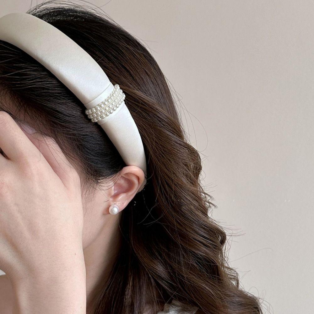 

Korean Style Pearl Sponge Headband Wide Brim Elegant Bridal Hairband Satin Pearl Hair Hoop Daily