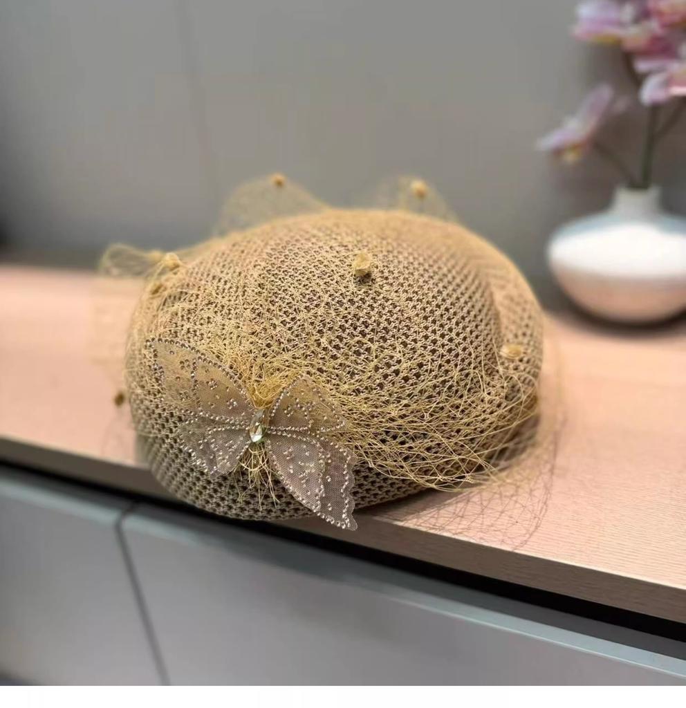 Women'S Mesh Bow Beret Elegant Breathable Hat With Water Diamond Design Spring Summer Versatile Hollow Fashionable Headwear