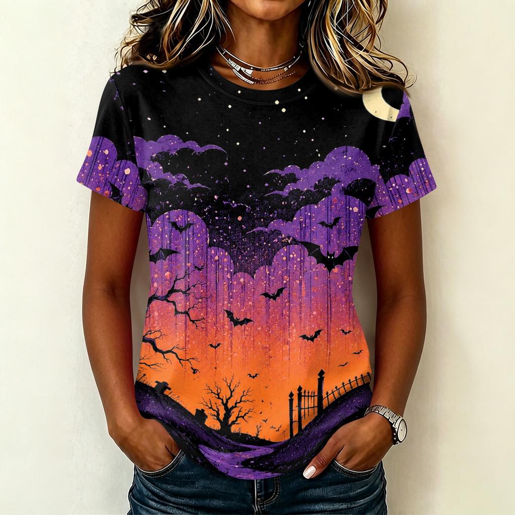 Women's Casual Pullover Short Sleeve T-Shirt Halloween Print Top Crew Neck Relaxed Fit Lightweight Tee for Everyday Wear
