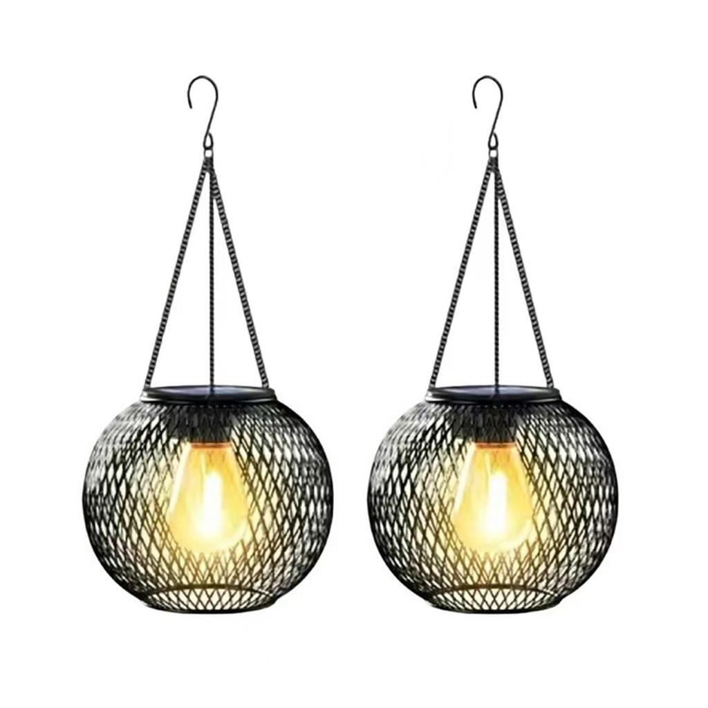 Solar Wrought Iron Lantern Light: Retro Mesh Pendant for Outdoor Garden, Courtyard, and Balcony Ambiance.