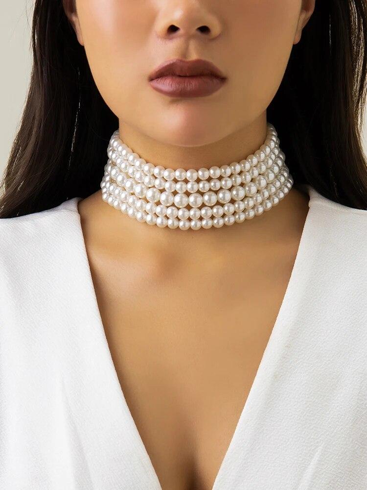 Vintage Imitation Pearl Multi-Layer Necklace Oval Beasds Choker Elegant Collar for Women's Chain Jewelry Accessories Party Gift