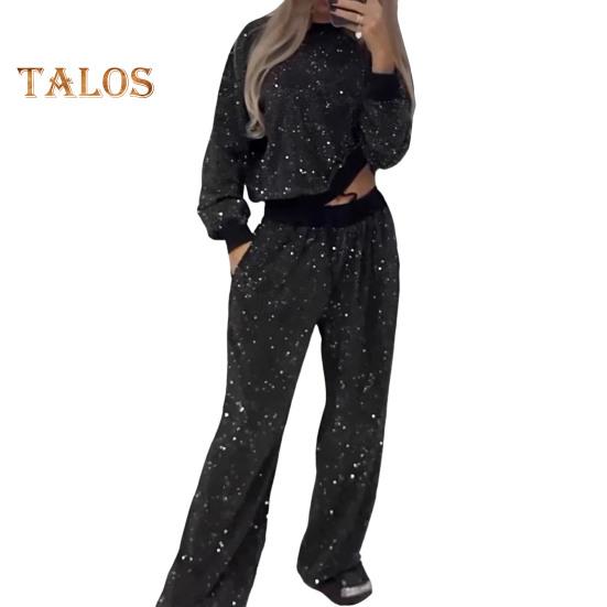 

Женский комплект из 2 предметов: топ и брюки, блестки, круглый вырез, длинные рукава, эластичные манжеты, эластичные широкие брюки с высокой талией, повседневный, для поездок на работу M чёрный