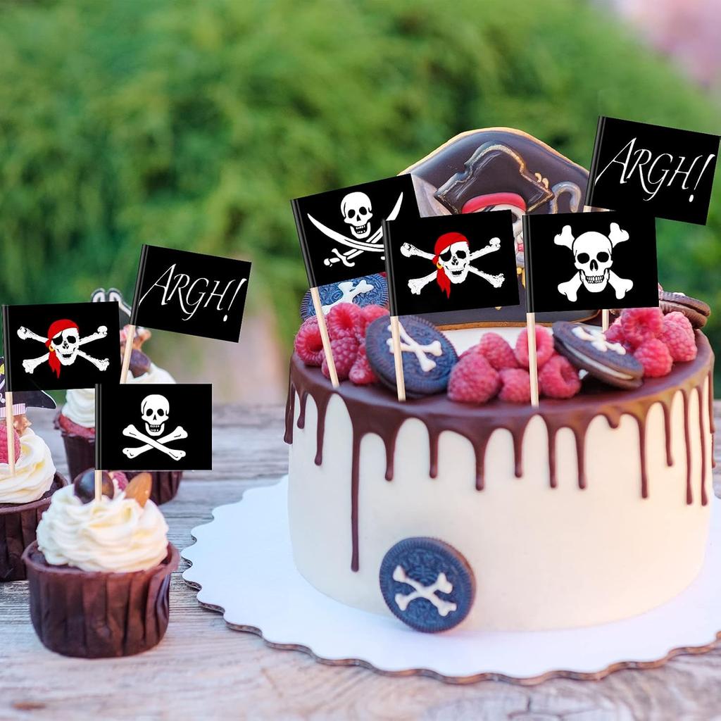 100 Pieces Pirate Cupcake Toppers Pirate Flag Toothpicks Cocktail Picks Food Picks Flags for Party Food Appetizer Cupcake Cocktail Decorations