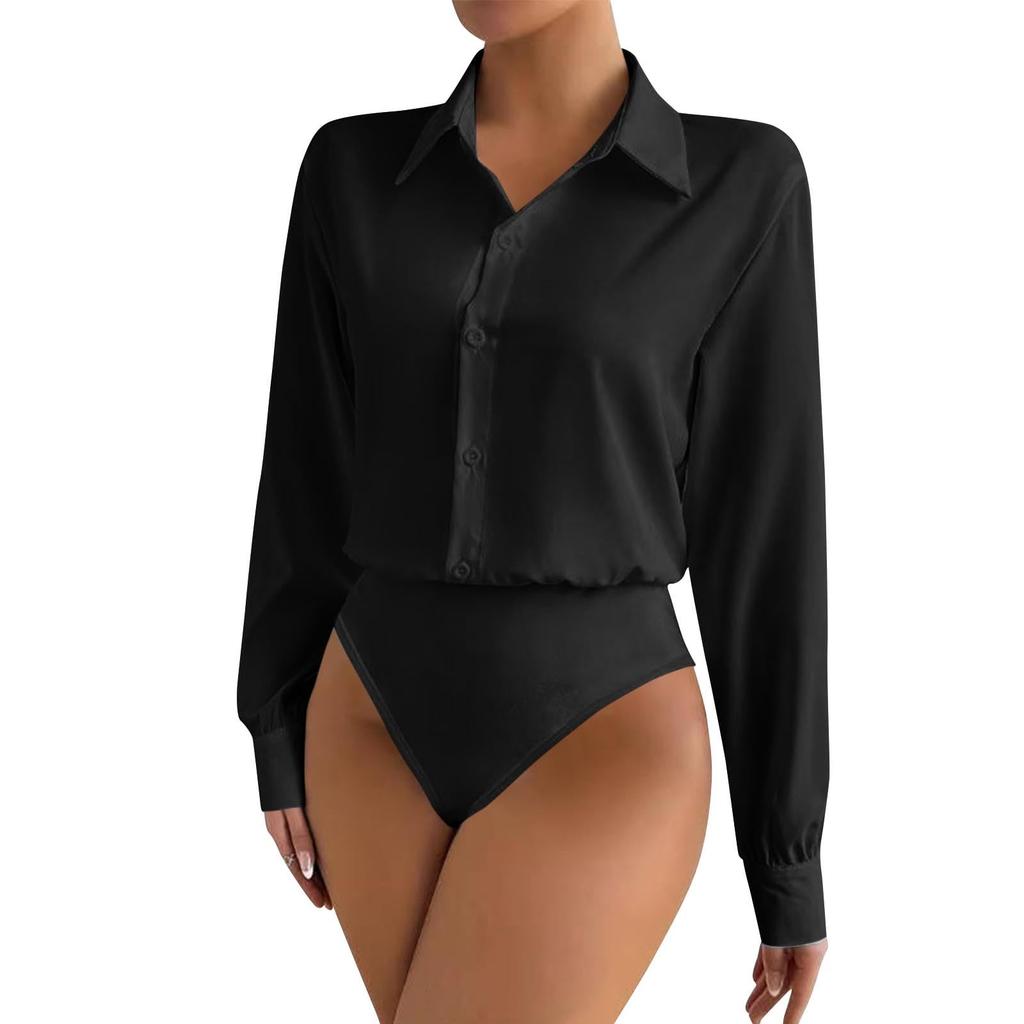 Women's Fashionable Oversized Two-Piece Button-Up Shirt Long-Sleeve Jumpsuit