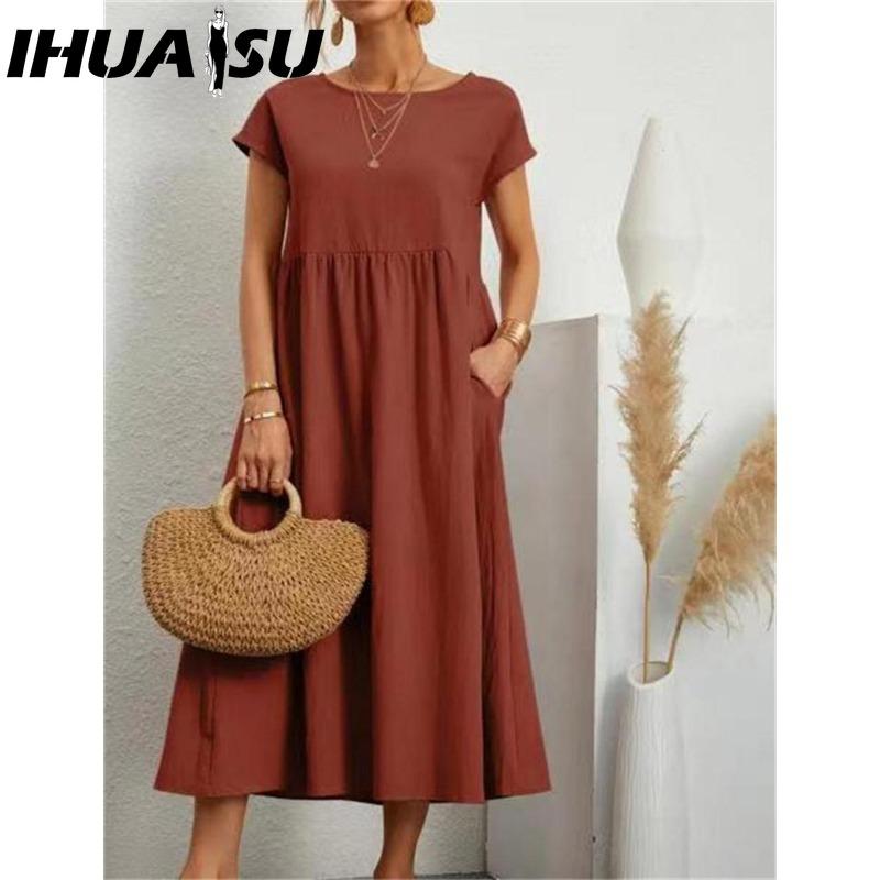 IHUASU Women's Fashion Summer Spring Solid Color Print O-Neck High Waist Casual Dresses