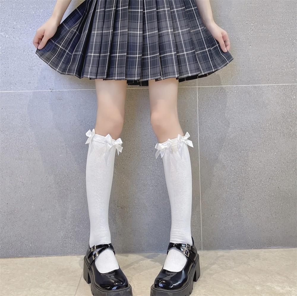 White Jk Bow Calf Socks Niche Women Polyester Cotton Medium Long Tube Spring And Autumn Knee Half Leg Socks High Tube