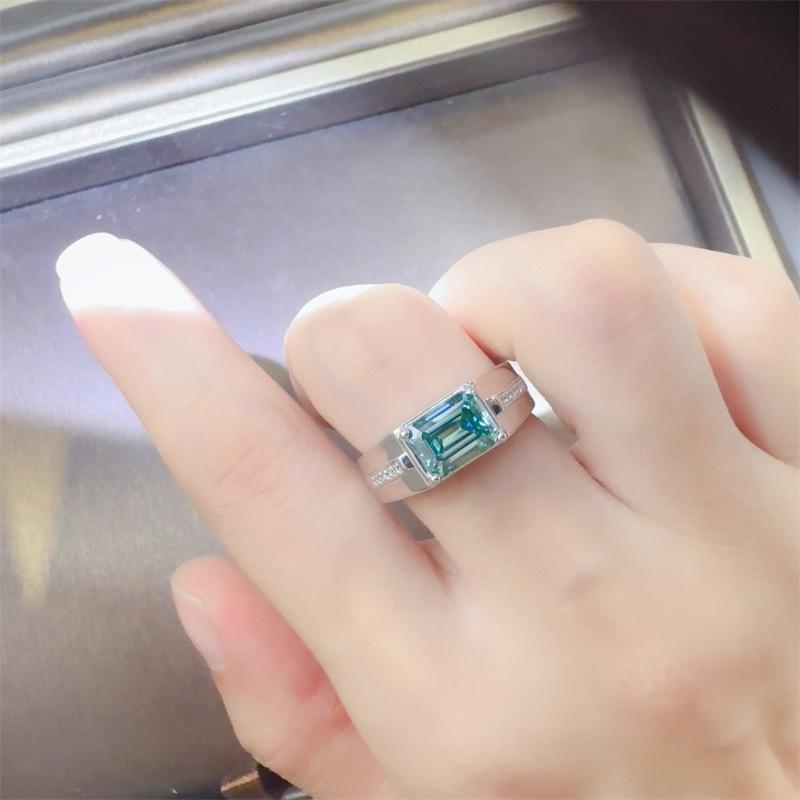 Emerald Cut Moissanite Men s Silver-Plated Platinum Engagement Ring Size 18