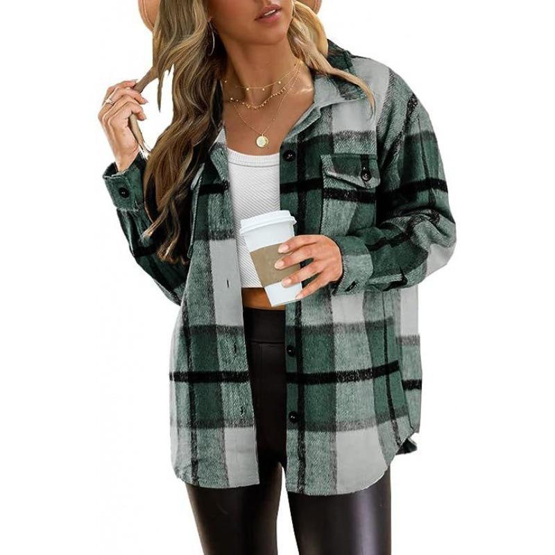 Women's Lapel Collar Long Sleeve Oversized Plaid Flannel Shirt Pocket Casual Vintage Shacket Blouse