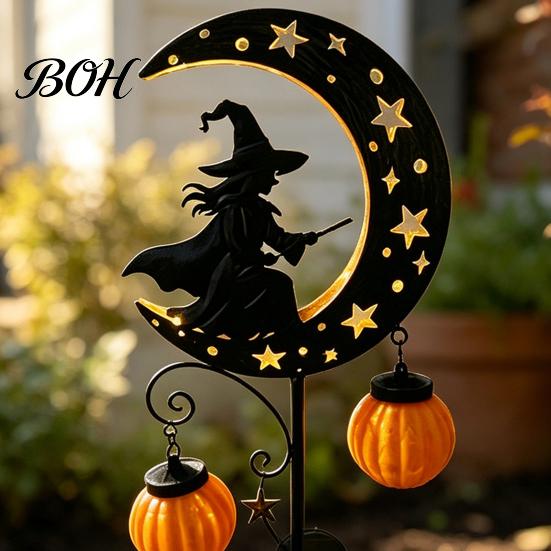 Spooky Pathway Markers for Parties Solar Halloween Witch Pumpkin Moon Garden Stake Light, Waterproof on Crescent Lights with Lantern, Outdoor LED Yard