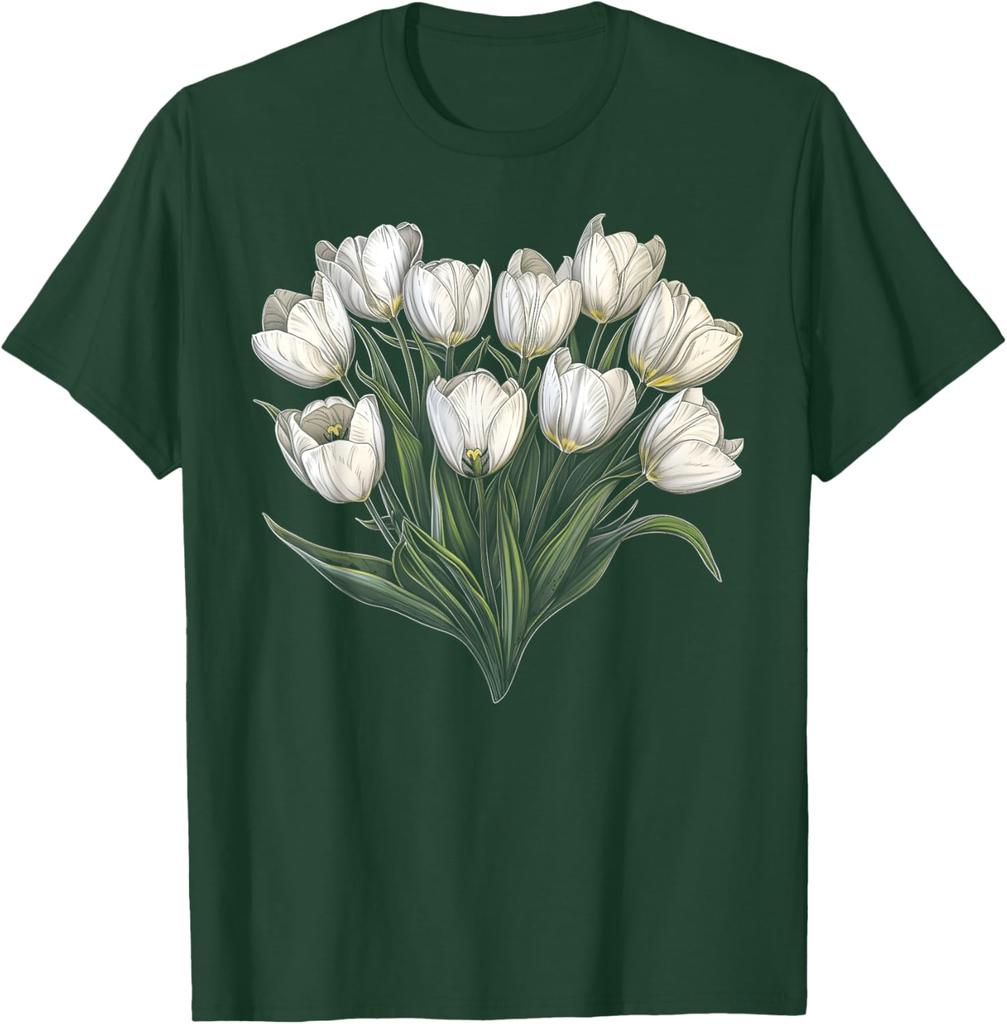 White Tulip Bouquet Floral Graphic Tee Men Casual Round Neck Short Sleeve T-Shirt Daily Wear