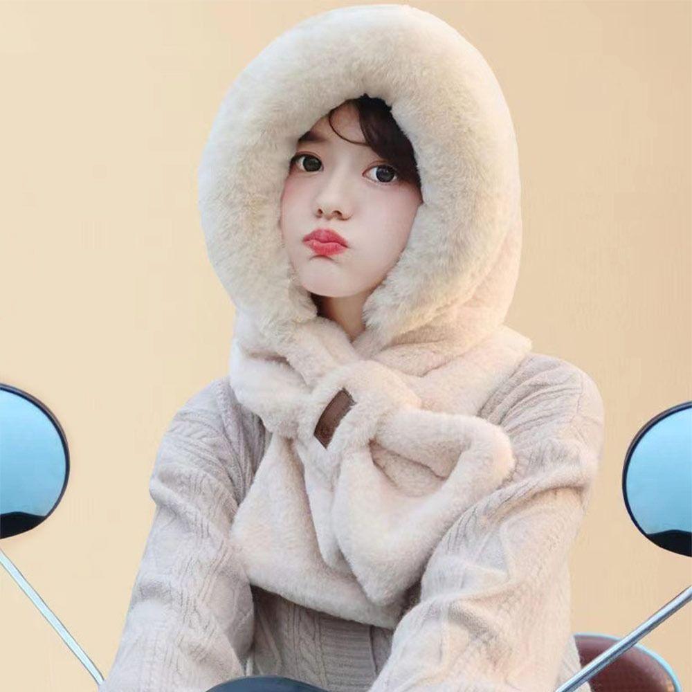 Thickening Beanie Hat Scarf Windproof Neck Warmer Winter Scarf Set Hooded  for Women