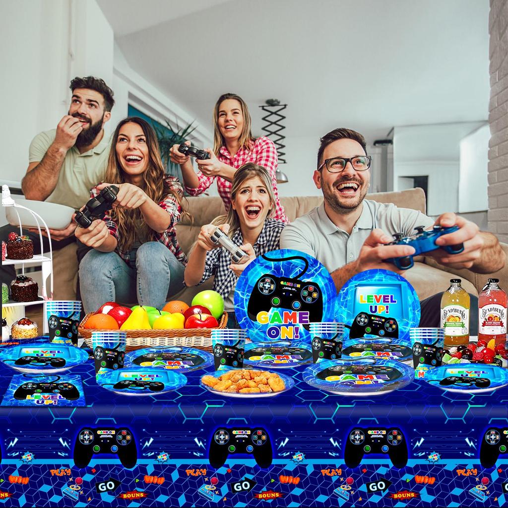 Dekoracje Urodzinowe dla Graczy Niebieskie, 113 szt. Zastawa Stołowa na Imprezę o Tematyce Gamingowej - Talerzyki, Kubeczki itp. Artykuły na Imprezę Urodzinową z Motywem Gry Wideo dla Dzieci, Serwuje 16 osób