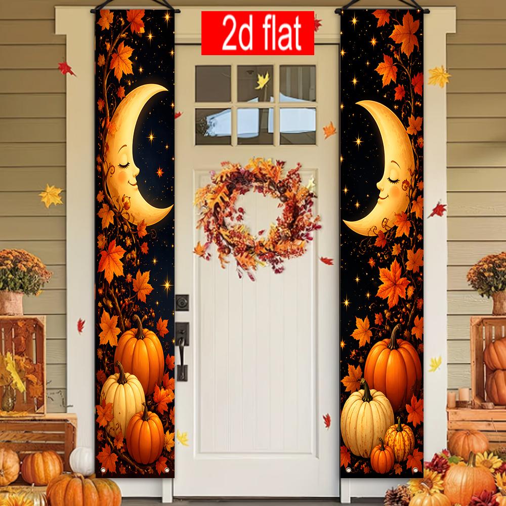 2D Flat, 2D Flat - 2D Flat, 2D Flat - 2D Flat Banner 2pcs, Autumn Harvest Porch Couple Banner, Polyester, Smiling Crescent Autumn Maple Leaf Small Pum