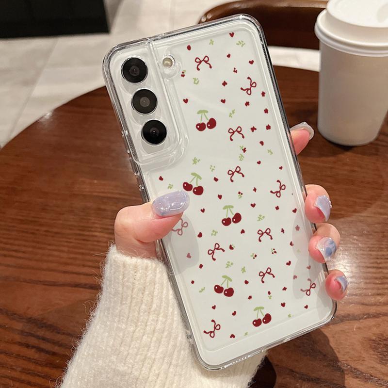 Cherry Bowknot Clear Case For Samsung Galaxy A15 A14 A55 A54 A53 A36 A26 A16 A52 A35 S25 S24 S23 S22 Ultra Plus S24 FE TPU Cover