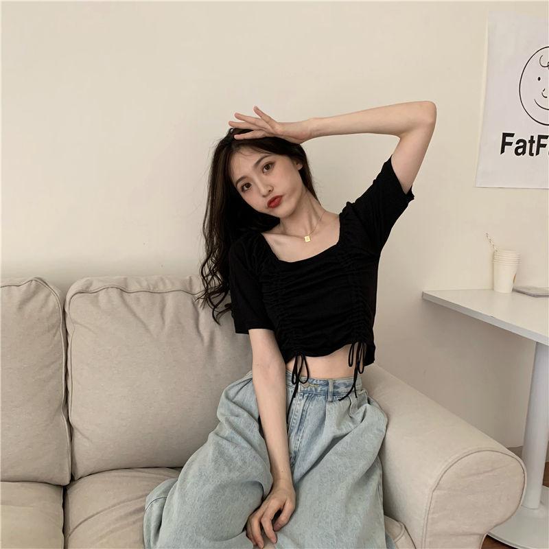 

Летняя корейская версия, облегающий свитер с квадратным вырезом и завязками, короткий вязаный свитер с рукавами для женщин, тонкий стиль, верхняя одежда, короткий топ L чёрный
