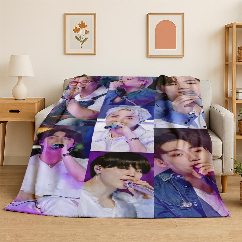 Kpop B-BTS Fashion Group Star Flannel Blanket Soft Warm Throw Blanket for Bedroom Living Room Bed Travel Camping Picnic Gift