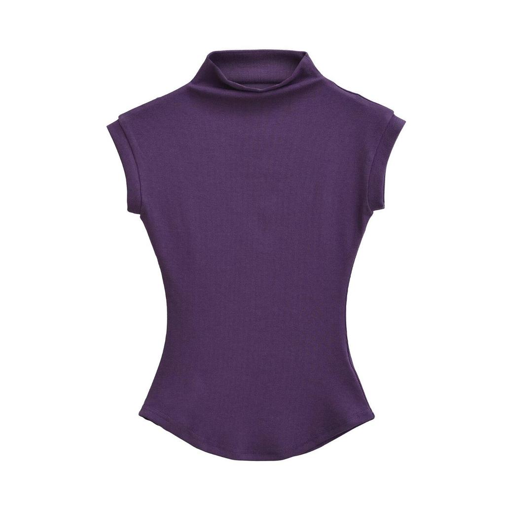 2025 Summer Women's Sleeveless Half-High Neck Fitted Vest with Curved Hem