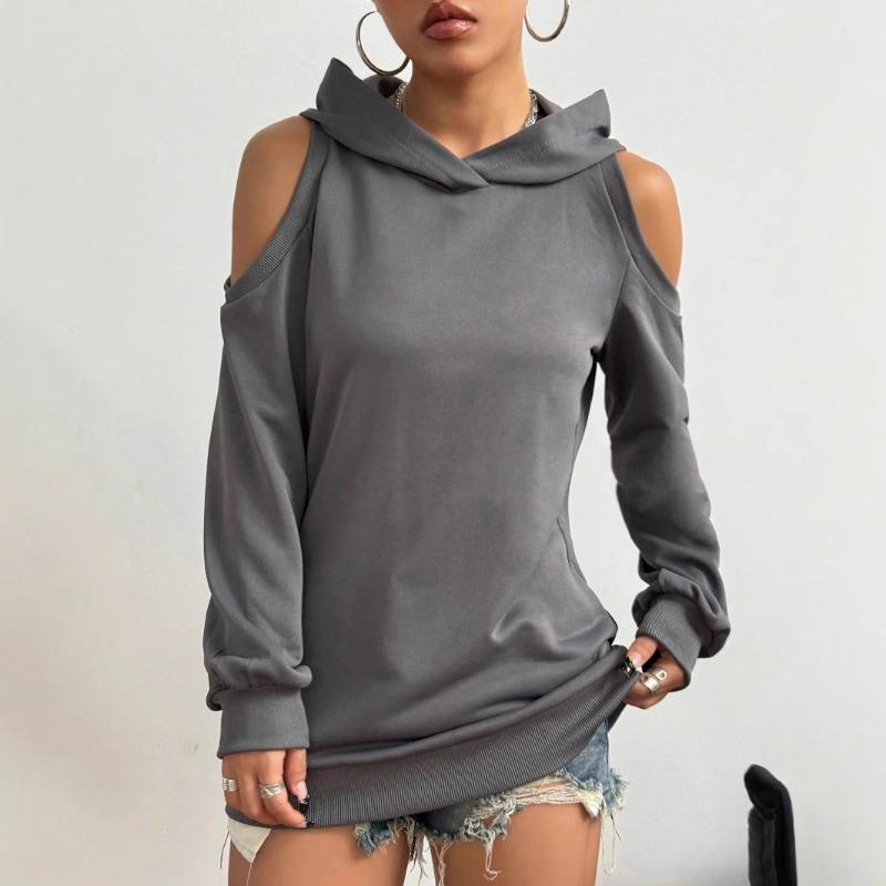 Autumn And Winter New Style Womenswear Solid Color Off Shoulder Hooded Fashion High End Casual Design Sense Sweatshirt