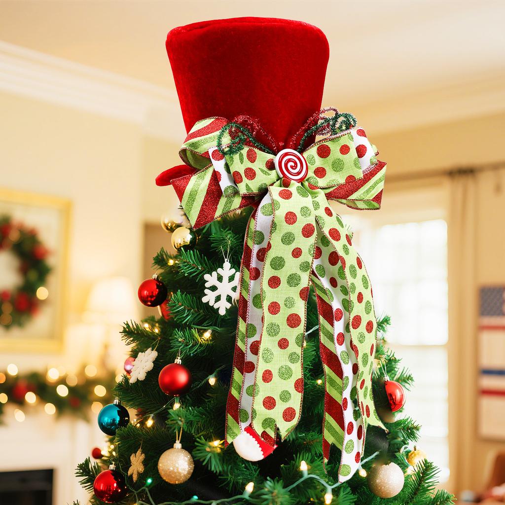 Christmas Tree Topper, 24 X 11 Inch Large Red Topper With Large Candy Bow, Christmas Tree Topper, Holiday Gift Decoration For Christmas Tree