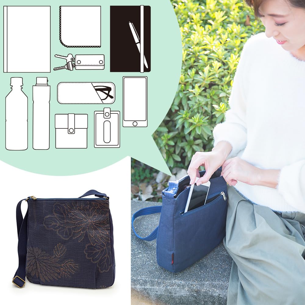 [creare Kiki] Women's Shoulder Bag, Crossbody, Lightweight, Made in Japan, Kimono Style, Indigo, Persimmon Tannin Dyed Kyoto Canvas, Crepe, Mom's