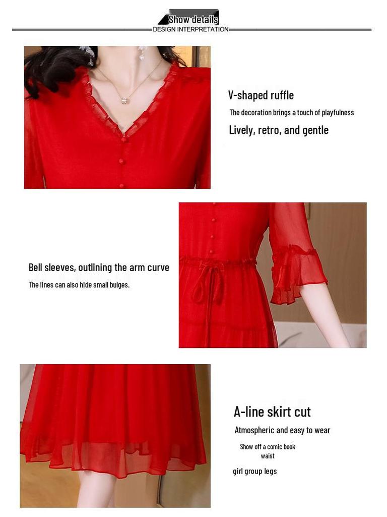 שמלת שיפון אדומה אלגנטית עם מחשוף וי 2023 – סגנון קיץ לנשים, מחמיא לגיל, אופנתית ומתאימה לאמהות