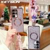 KEYSION Glitter Leopard Print Magnetic Phone Case for Samsung Galaxy S21 S22 S23 S24 S25 S26 Ultra S26+ S25 FE With Plush Lanyard Shockproof Cover