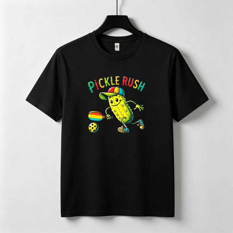 Pickle Rush Graphic TShirt Funny Pickle Cartoon Pickleball Paddle Print Black White Cotton Tee Casual Streetwear Unisex Unisex