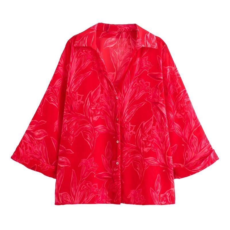 

Kaslead New Arrival Women s Fashion Style Fashion All-Match Flower Print Transparent Shirt 8691137 Red L